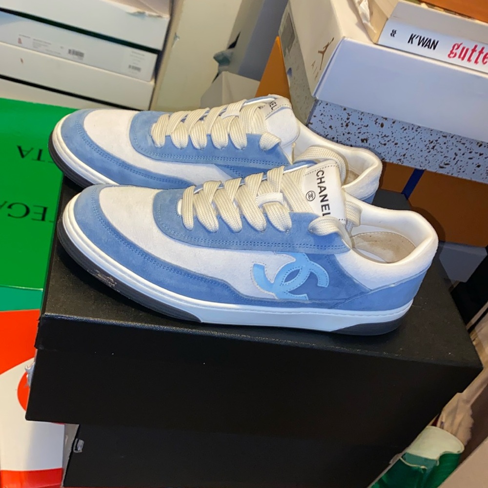 Chanel Low-Top Powder Blue, and Whitish Gray Sneakers.